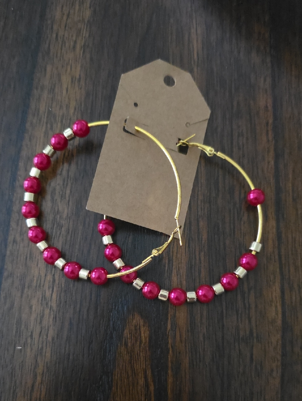 Gold Hoop Earrings with Pink Bead Accents